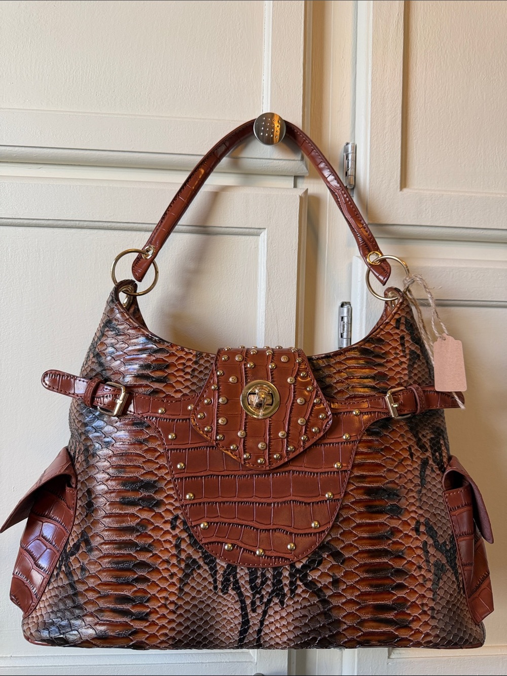 Brown Faux Snakeskin Shoulder Bag with Studded Turn-Lock